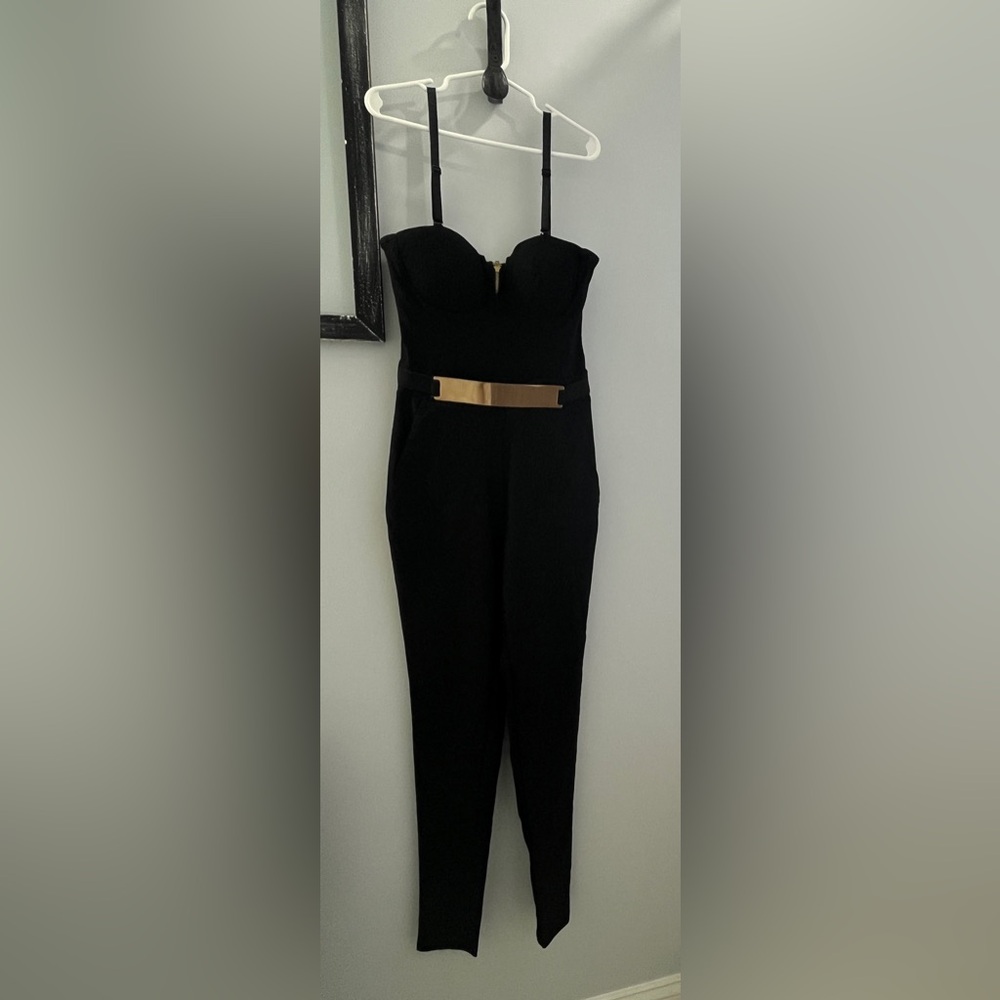Material Girl Black Strapless Jumpsuit with Gold Accent Belt